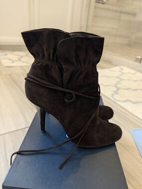 Calvin Klein Dark Brown Suede Lace-Up Stiletto Ankle Boots.8
